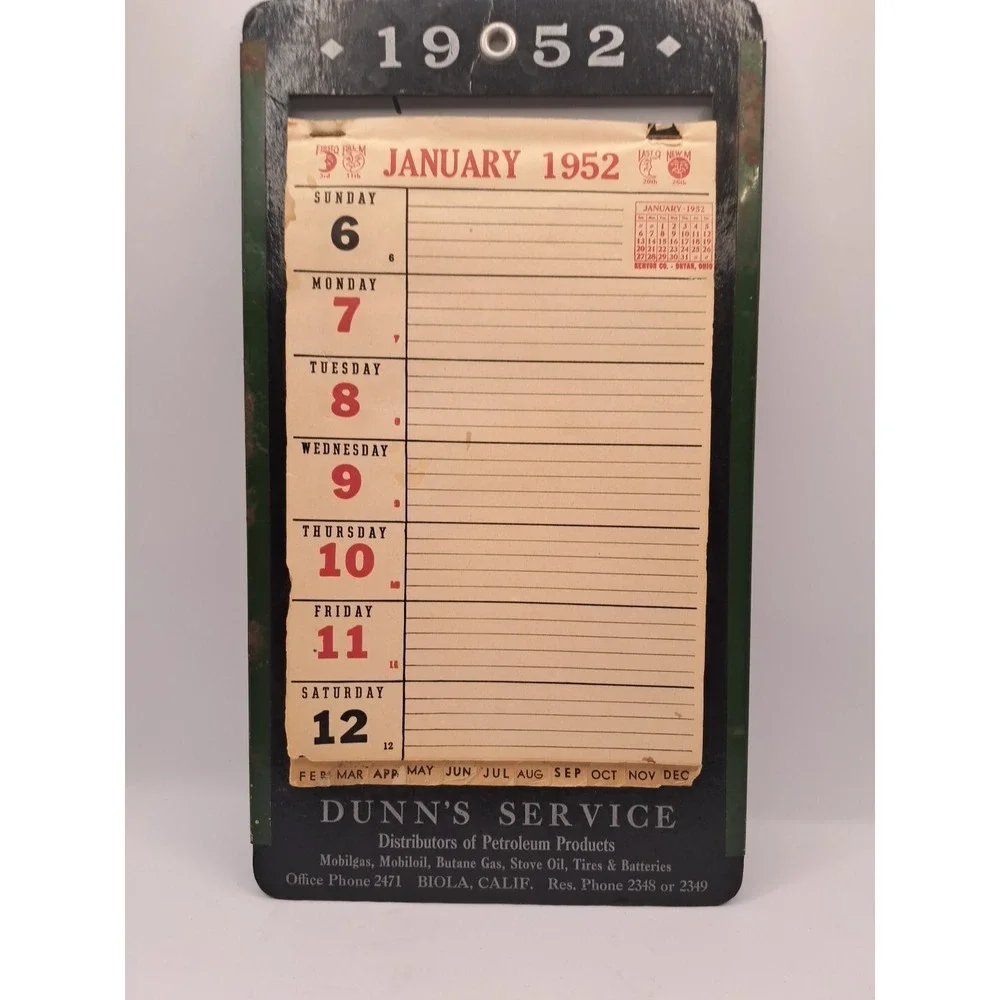 Vintage 1952 Dunna Service Petroleum Products Calender Biola CALIF Advertising